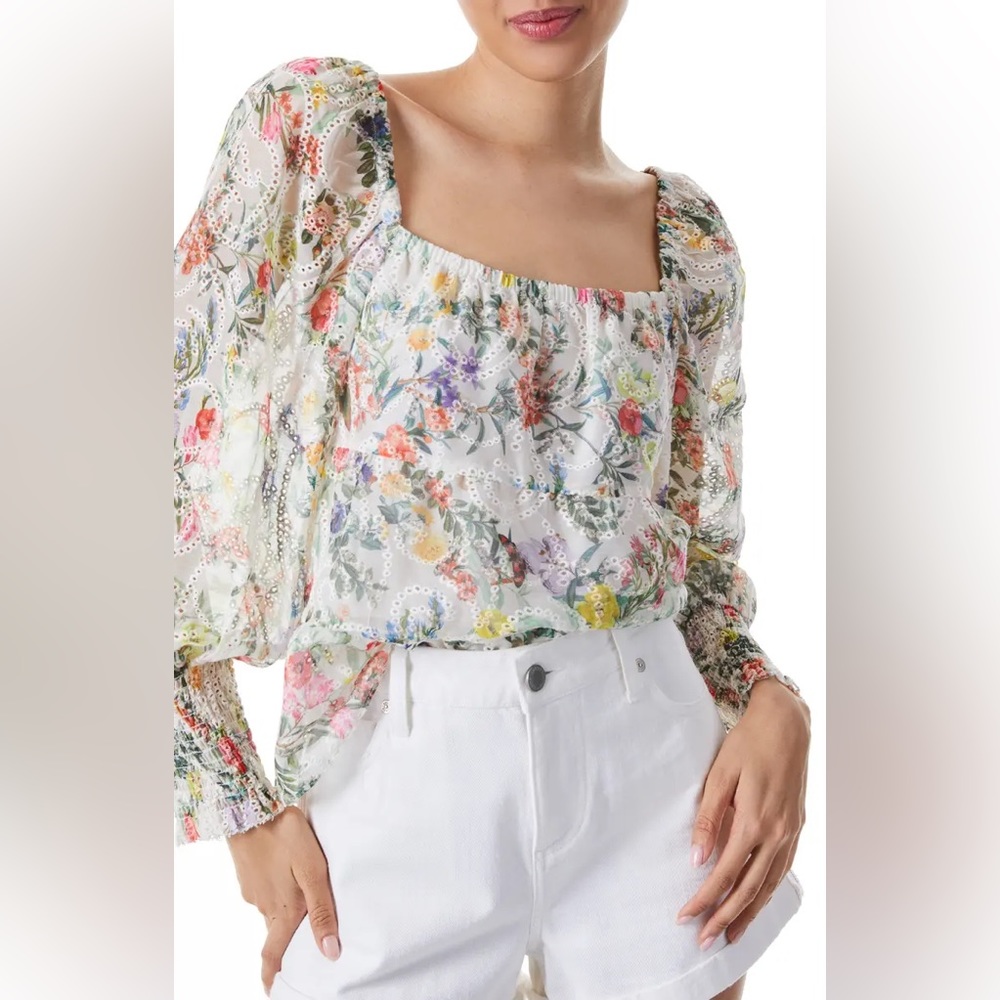 ALICE + OLIVIA Rowa Smocked Eyelet Top XS NWT